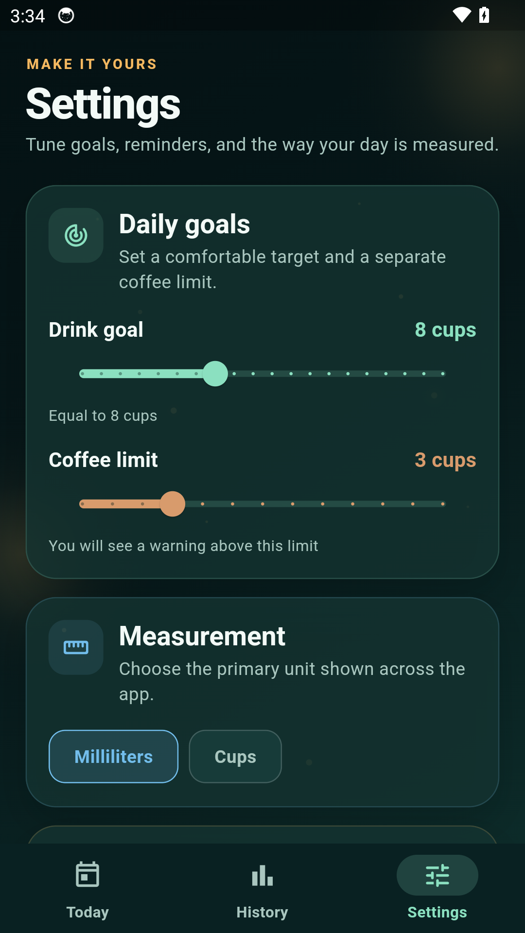 Sip & Count history and statistics screen
