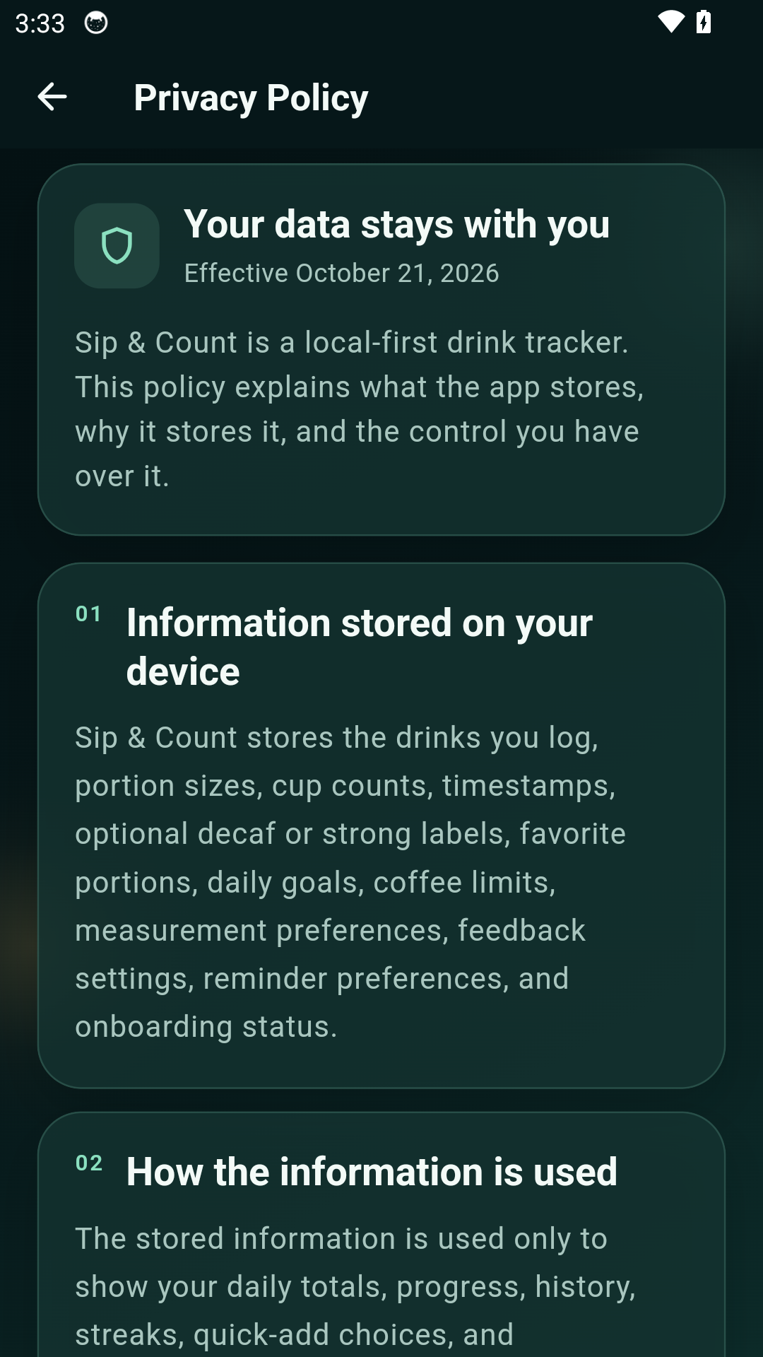 Sip & Count settings screen
